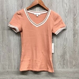 Peach White Striped Detail Short Sleeve Top BB790